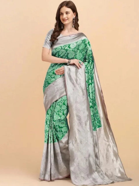 Women's Soft Lichi Silk Printed Saree With Unstitched Blouse 5.5Mtr (Green)