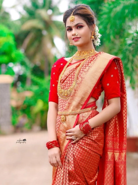 Women's Soft Lichi Silk Printed Saree With Unstitched Blouse 5.5Mtr (Red)