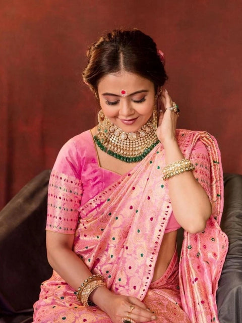 Women's Soft Lichi Silk Printed Saree With Unstitched Blouse 5.5Mtr (Pink)