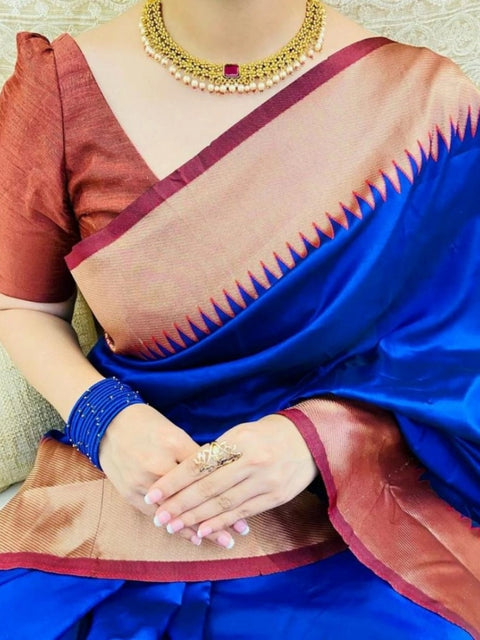 Women's Soft Lichi Silk Solid Saree With Unstitched Blouse 5.5Mtr (Blue)