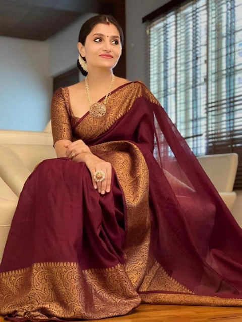 Women's Soft Lichi Silk Solid Saree With Unstitched Blouse 5.5Mtr (Maroon)