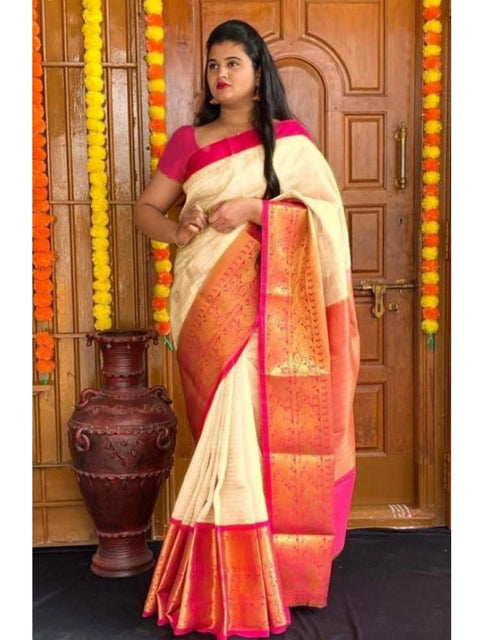 Women's Soft Lichi Silk Printed Saree With Unstitched Blouse 5.5Mtr (Cream)