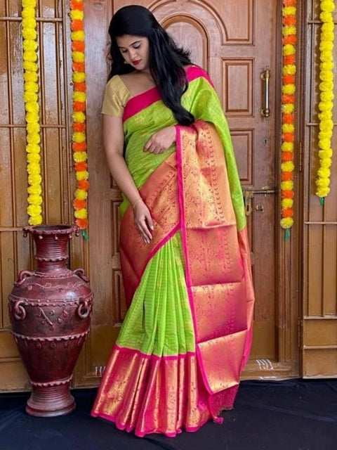 Women's Soft Lichi Silk Printed Saree With Unstitched Blouse 5.5Mtr (Green)