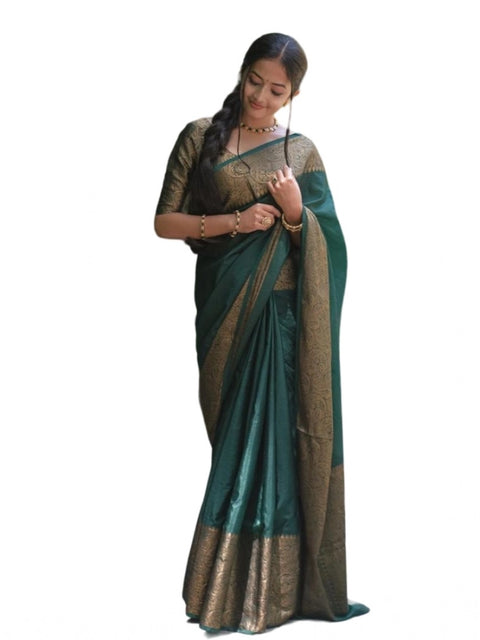 Women's Soft Lichi Silk Solid Saree With Unstitched Blouse 5.5Mtr (Green)