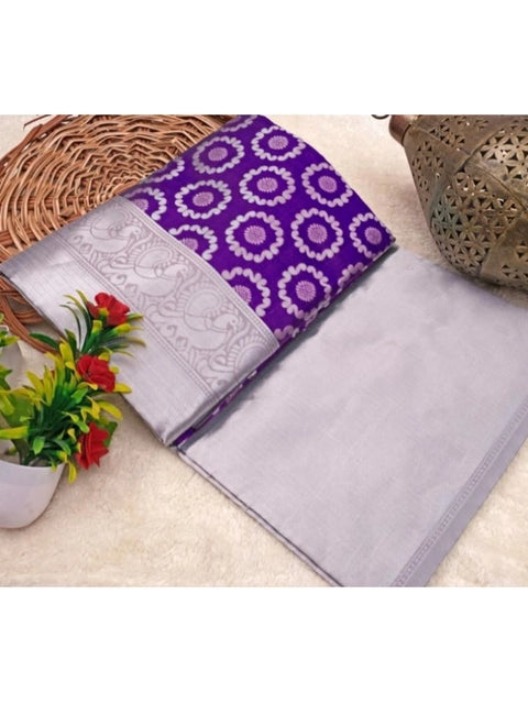 Women's Soft Lichi Silk Printed Saree With Unstitched Blouse 5.5Mtr (Purple)