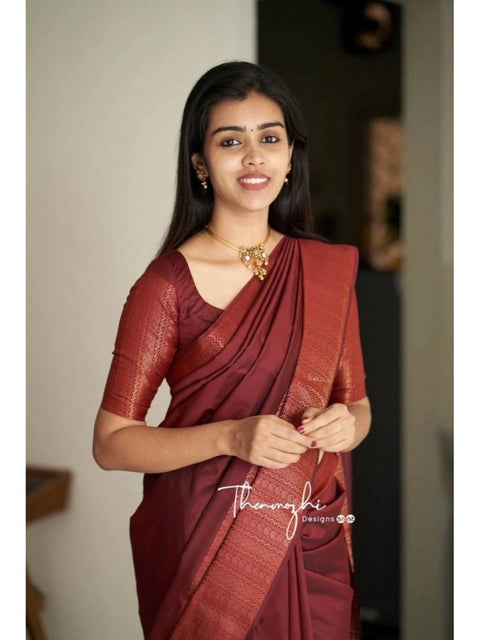 Women's Soft Lichi Silk Solid Saree With Unstitched Blouse 5.5Mtr (Maroon)