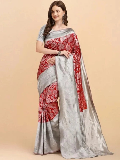 Women's Soft Lichi Silk Printed Saree With Unstitched Blouse 5.5Mtr (Red)