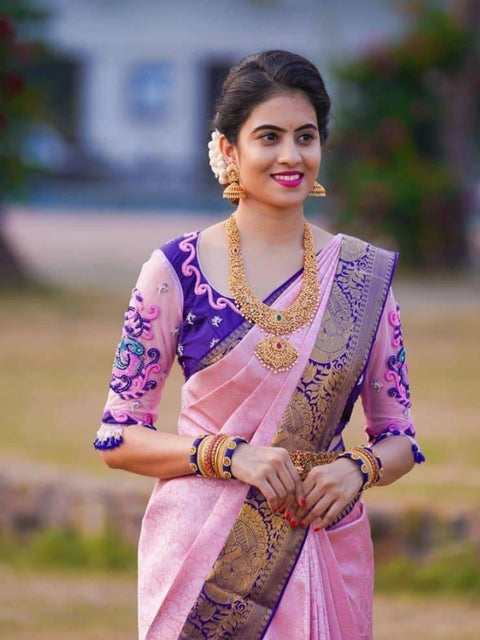 Women's Soft Lichi Silk Printed Saree With Unstitched Blouse 5.5Mtr (Purple)