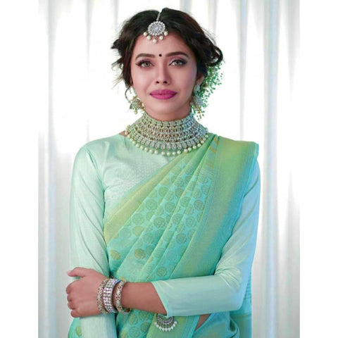 Generic Women's Soft Lichi Silk Printed Saree With Unstitched Blouse 5.5Mtr (Light Green)