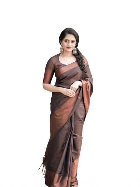 Women's Soft Lichi Silk Printed Saree With Unstitched Blouse 5.5Mtr (Brown)