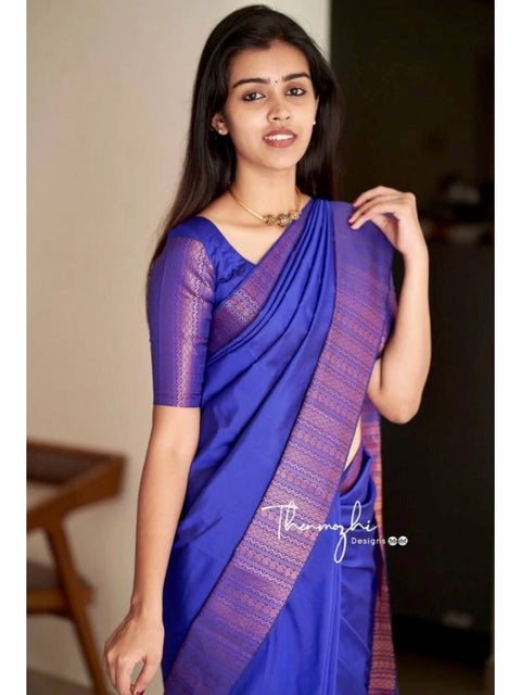 Women's Soft Lichi Silk Solid Saree With Unstitched Blouse 5.5Mtr (Blue)