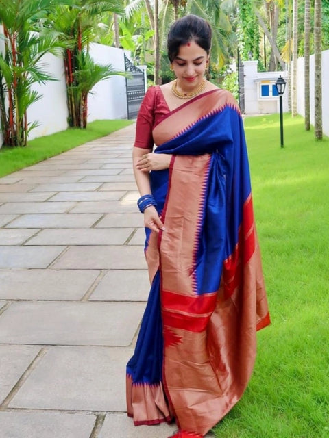 Women's Soft Lichi Silk Solid Saree With Unstitched Blouse 5.5Mtr (Blue)