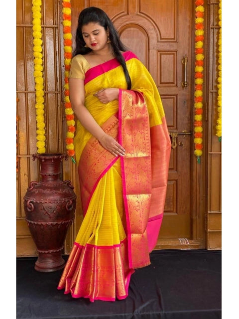 Women's Soft Lichi Silk Printed Saree With Unstitched Blouse 5.5Mtr (Yellow)