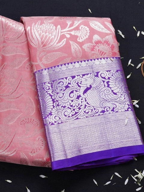 Women's Soft Lichi Silk Printed Saree With Unstitched Blouse 5.5Mtr (Purple)