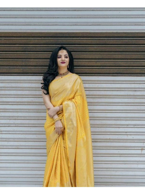 Women's Soft Lichi Silk Printed Saree With Unstitched Blouse 5.5Mtr (Yellow)