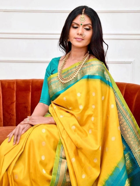 Women's Soft Lichi Silk Printed Saree With Unstitched Blouse 5.5Mtr (Yellow)