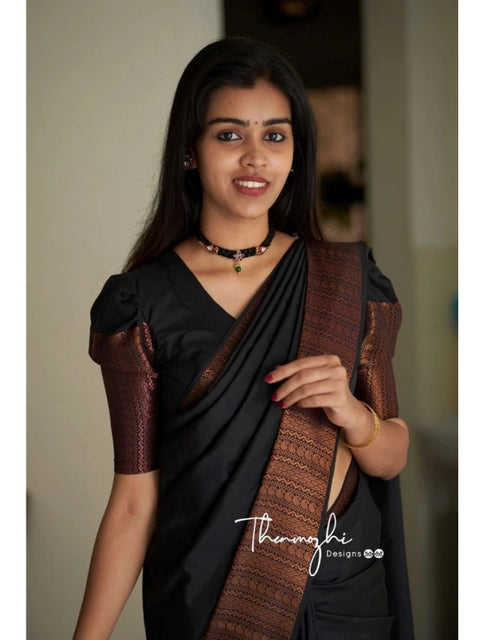 Women's Soft Lichi Silk Solid Saree With Unstitched Blouse 5.5Mtr (Black)