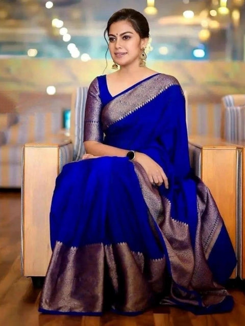 Women's Soft Lichi Silk Solid Saree With Unstitched Blouse 5.5Mtr (Blue)