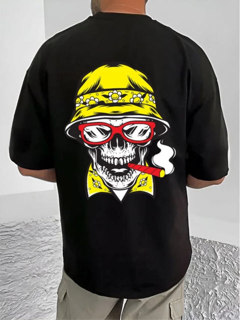 Generic Men's Casual Cotton Blend Printed Round Neck Half Sleeve T-Shirt (Black)