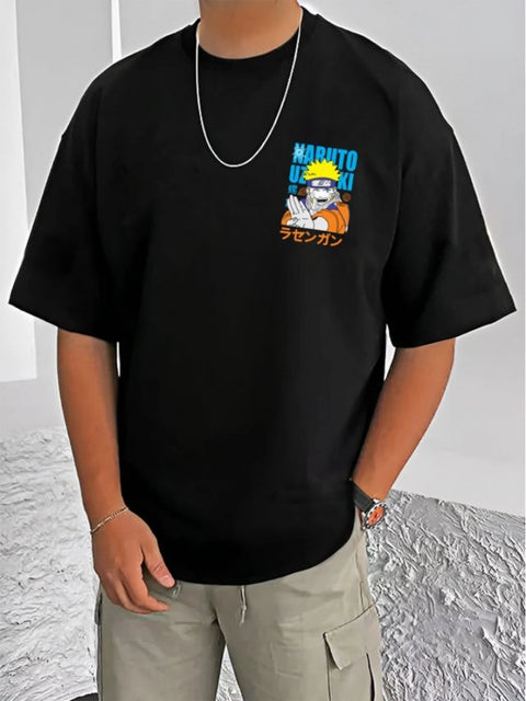 Generic Men's Casual Cotton Blend Printed Round Neck Half Sleeve T-Shirt (Black)