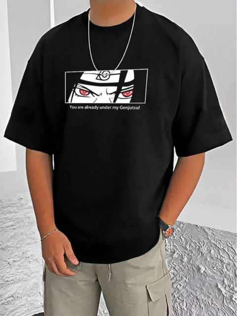 Generic Men's Casual Cotton Blend Printed Round Neck Half Sleeve T-Shirt (Black)