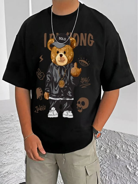 Generic Men's Casual Cotton Blend Printed Round Neck Half Sleeve T-Shirt (Black)
