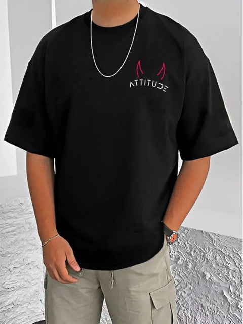 Generic Men's Casual Cotton Blend Printed Round Neck Half Sleeve T-Shirt (Black)