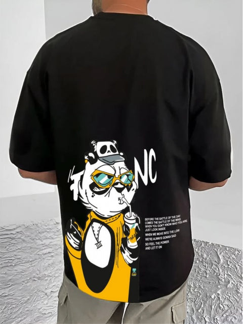 Generic Men's Casual Cotton Blend Printed Round Neck Half Sleeve T-Shirt (Black)