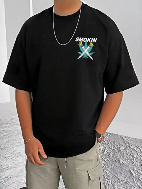 Generic Men's Casual Cotton Blend Printed Round Neck Half Sleeve T-Shirt (Black)