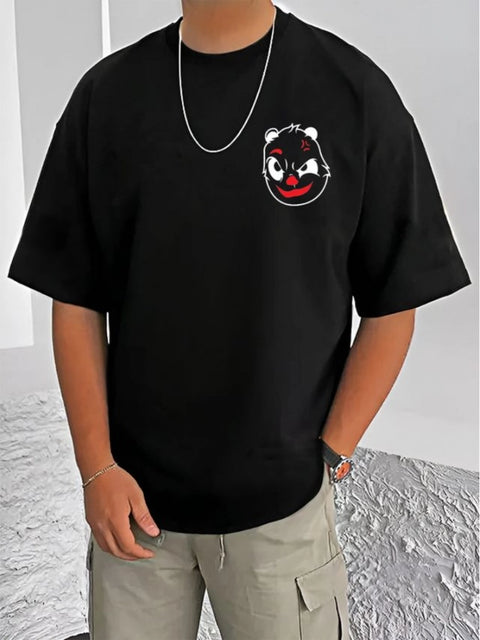 Generic Men's Casual Cotton Blend Printed Round Neck Half Sleeve T-Shirt (Black)