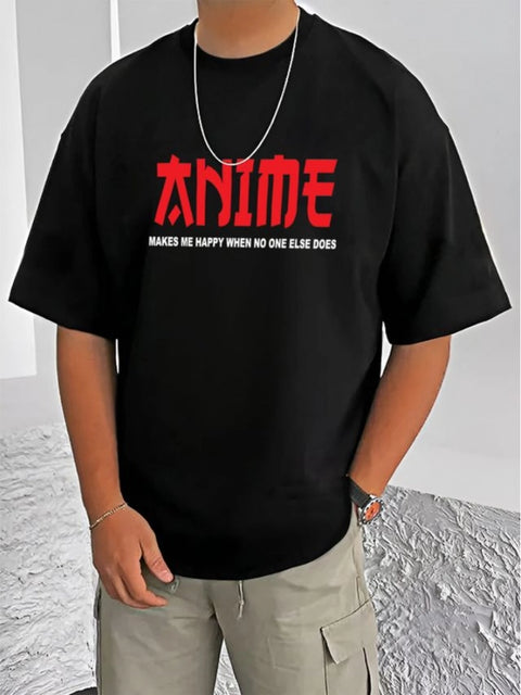 Generic Men's Casual Cotton Blend Printed Round Neck Half Sleeve T-Shirt (Black)