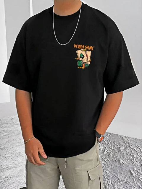 Generic Men's Casual Cotton Blend Printed Round Neck Half Sleeve T-Shirt (Black)