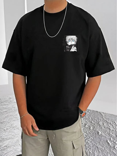 Generic Men's Casual Cotton Blend Printed Round Neck Half Sleeve T-Shirt (Black)