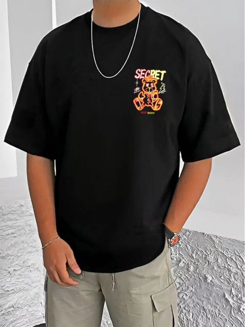 Generic Men's Casual Cotton Blend Printed Round Neck Half Sleeve T-Shirt (Black)