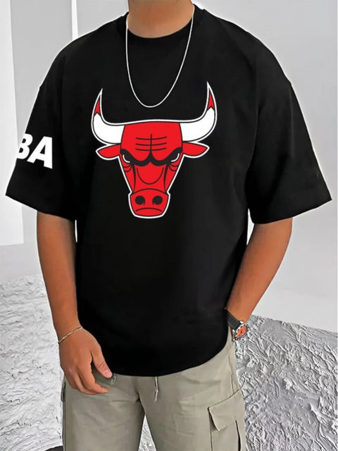 Generic Men's Casual Cotton Blend Printed Round Neck Half Sleeve T-Shirt (Black)