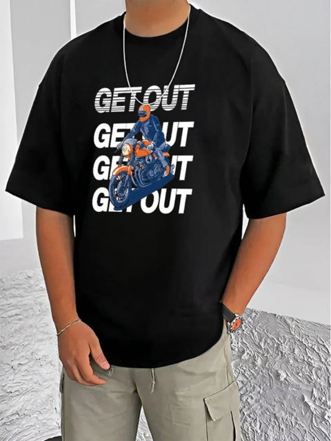 Generic Men's Casual Cotton Blend Printed Round Neck Half Sleeve T-Shirt (Black)