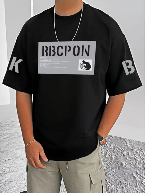 Generic Men's Casual Cotton Blend Printed Round Neck Half Sleeve T-Shirt (Black)