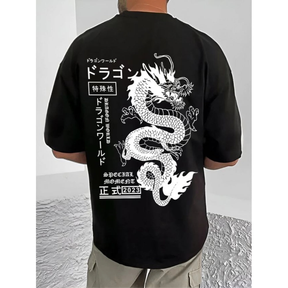 Generic Men's Casual Cotton Blend Printed Round Neck Half Sleeve T-Shirt (Black)
