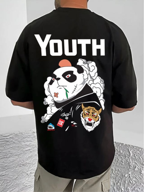 Generic Men's Casual Cotton Blend Printed Round Neck Half Sleeve T-Shirt (Black)