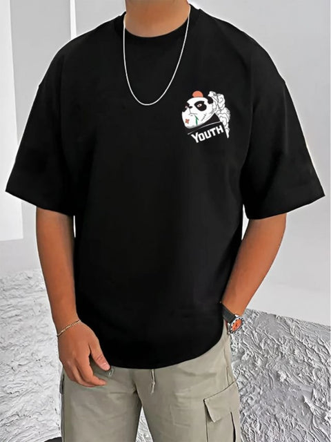 Generic Men's Casual Cotton Blend Printed Round Neck Half Sleeve T-Shirt (Black)