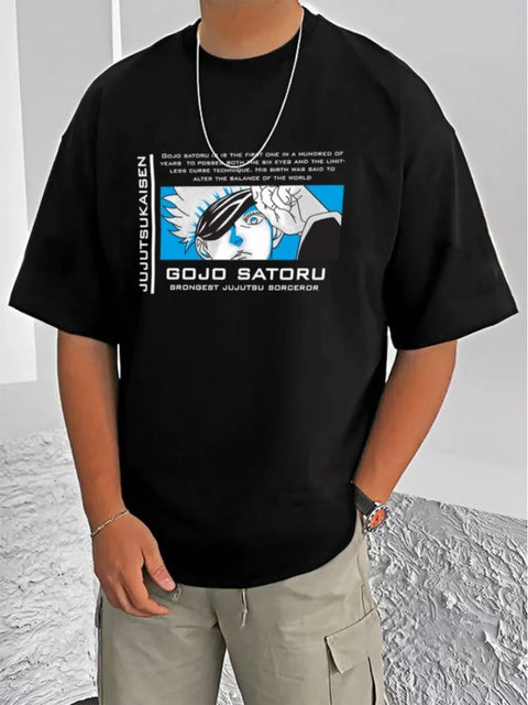 Generic Men's Casual Cotton Blend Printed Round Neck Half Sleeve T-Shirt (Black)