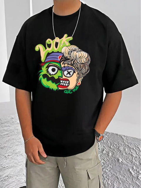 Generic Men's Casual Cotton Blend Printed Round Neck Half Sleeve T-Shirt (Black)