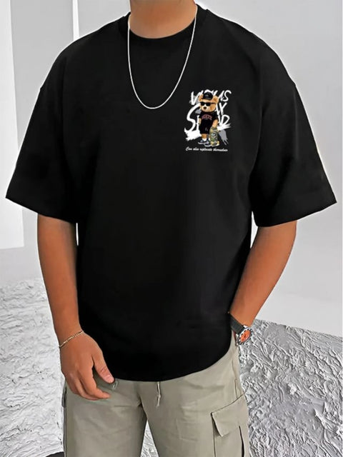 Generic Men's Casual Cotton Blend Printed Round Neck Half Sleeve T-Shirt (Black)