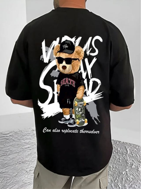 Generic Men's Casual Cotton Blend Printed Round Neck Half Sleeve T-Shirt (Black)