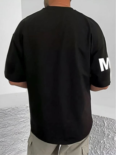 Generic Men's Casual Cotton Blend Printed Round Neck Half Sleeve T-Shirt (Black)