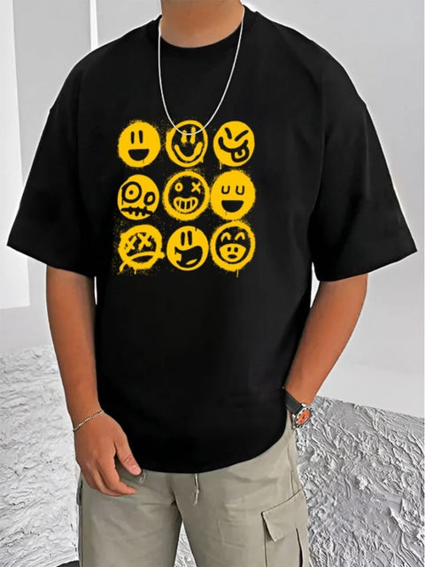 Generic Men's Casual Cotton Blend Printed Round Neck Half Sleeve T-Shirt (Black)