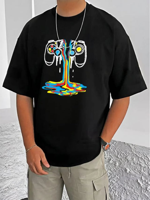 Generic Men's Casual Cotton Blend Printed Round Neck Half Sleeve T-Shirt (Black)