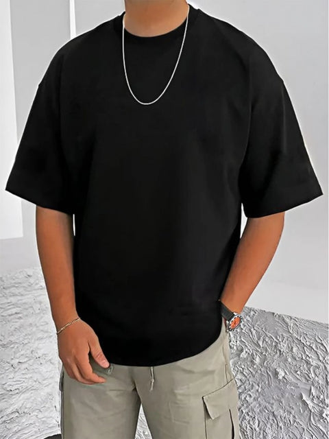 Generic Men's Casual Cotton Blend Printed Round Neck Half Sleeve T-Shirt (Black)