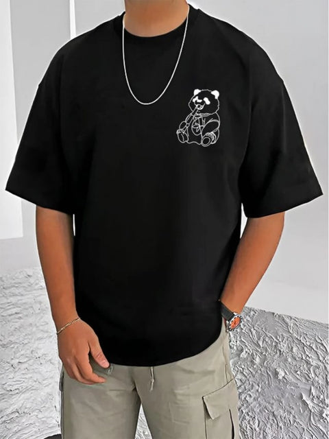 Generic Men's Casual Cotton Blend Printed Round Neck Half Sleeve T-Shirt (Black)
