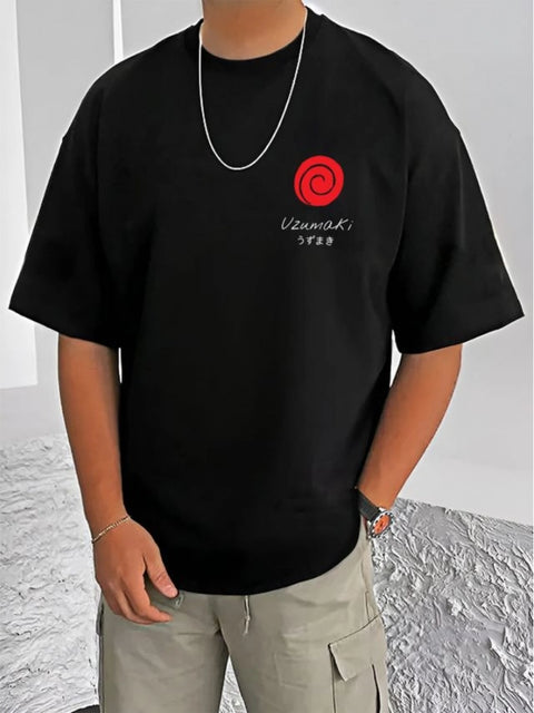 Generic Men's Casual Cotton Blend Printed Round Neck Half Sleeve T-Shirt (Black)